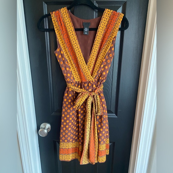 Anthropologie Anna Sui Silk Wrap Dress Brown Geometric Art Nouveau Boho-Size S - Picture 2 of 8